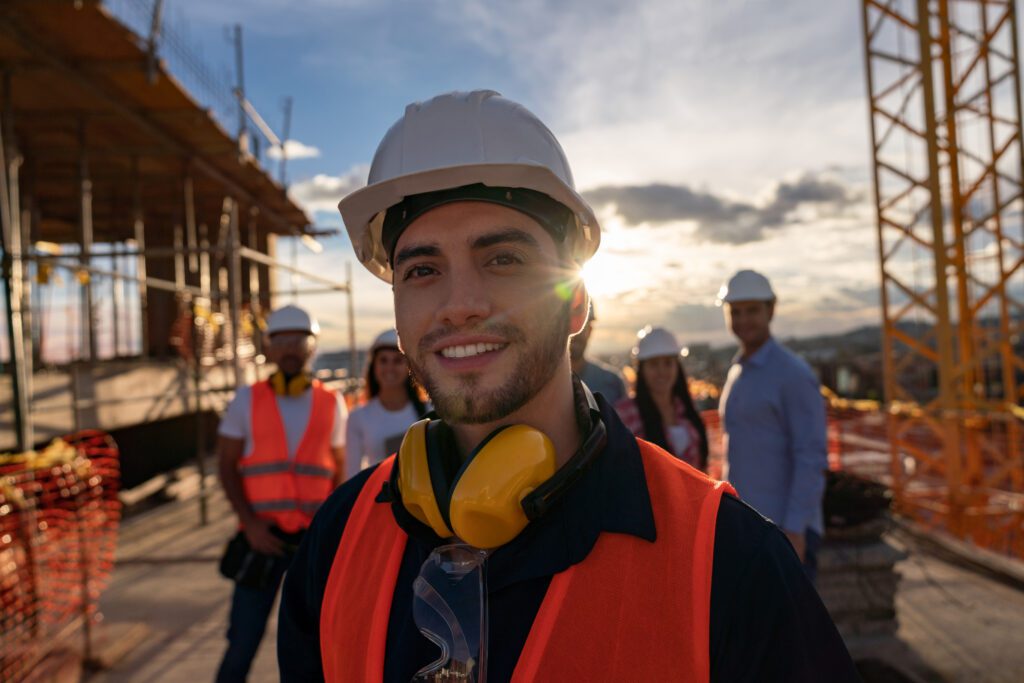 Portrait of a happy construction worker at a building site with a group of workers at the background