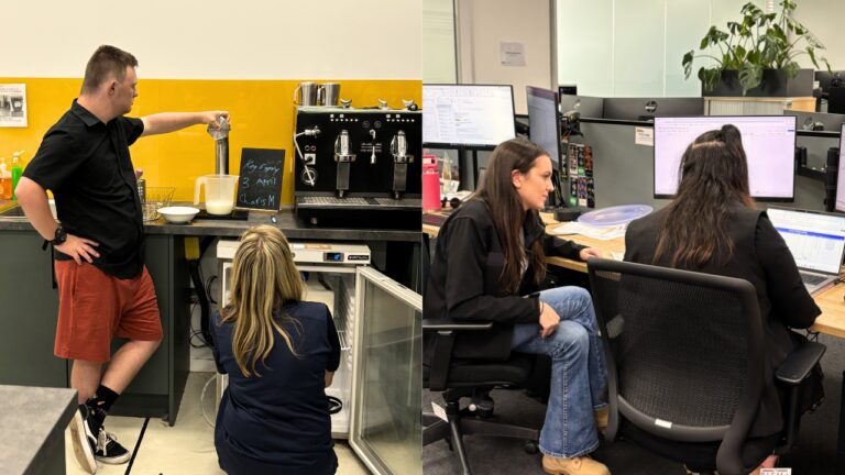 (Pictured L to R) Owen, CVGT Employment Participant, cleans the ACCIONA kitchen with his supervisor Cassandra. Tahlia, ACCIONA Learning and Development Coordinator, meeting with Letitia, CVGT Employment participant
