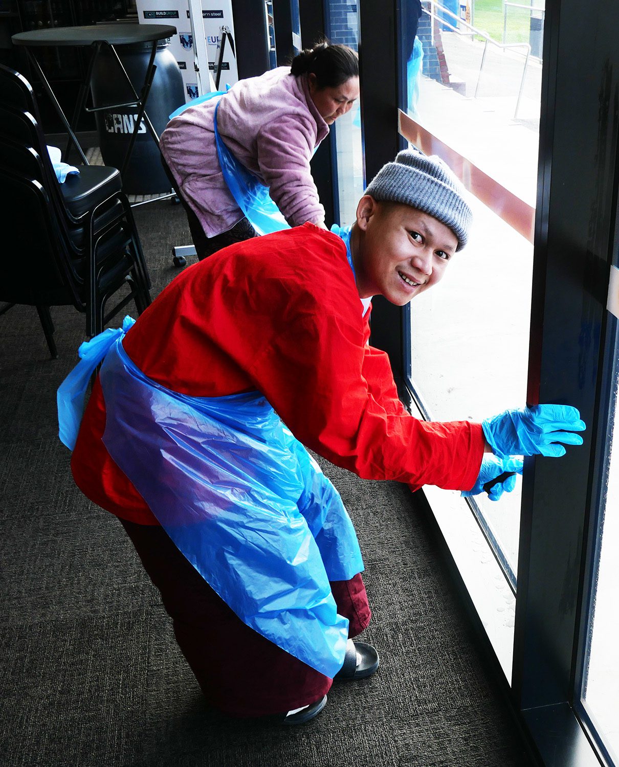 Cleaning windows during the cleaning course